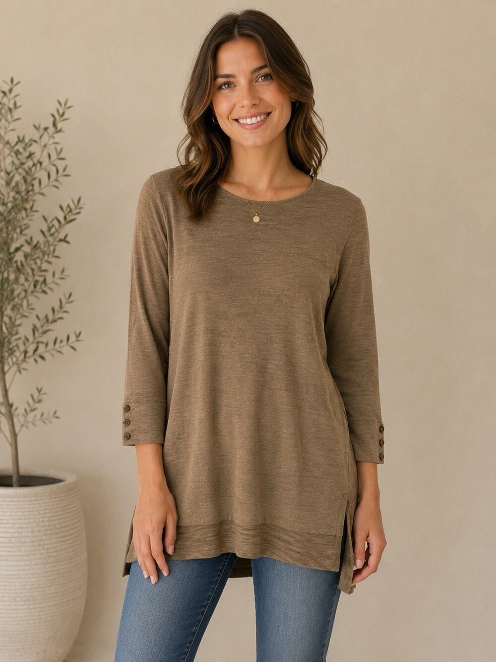 J. Jill Womens Merino Wool Tunic Sweater S Brown Long Sleeve Soft High Low Hem